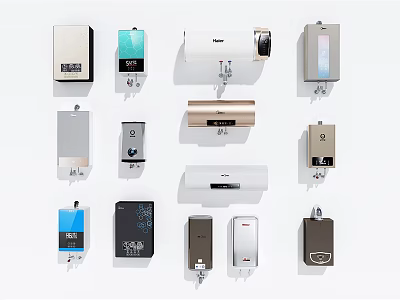 Different Types of Household Appliances Featuring Water Heaters and Electric Heaters in Various Styles 3d model