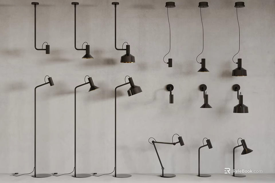 Modern Black Lighting Combinations Featuring Pendant Floor And Table Lamps For Interior Spaces 3d model 