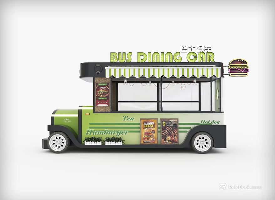 Vintage Green Bus Dining Car With Menu Boards And Hamburger Sign 3d model 