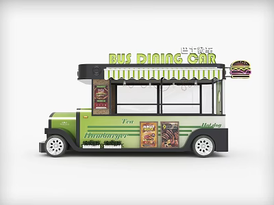 Vintage Green Bus Dining Car With Menu Boards And Hamburger Sign 3d model
