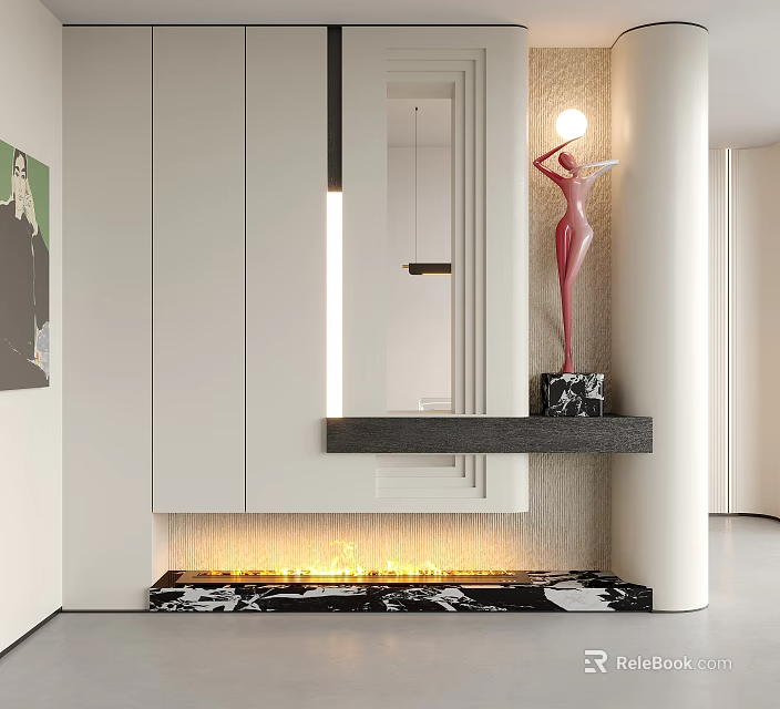 Modern Entryway Hallway Interior With White Cabinets Mirror Red Sculpture And Lighting 3d model 