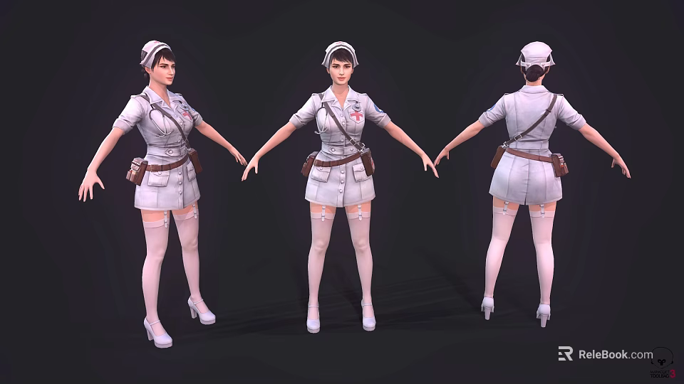 Woman Nurse In Uniform With Cap Bag Stockings And High Heels From Different Angles 3d model 