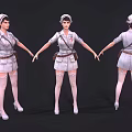 Woman Nurse In Uniform With Cap Bag Stockings And High Heels From Different Angles