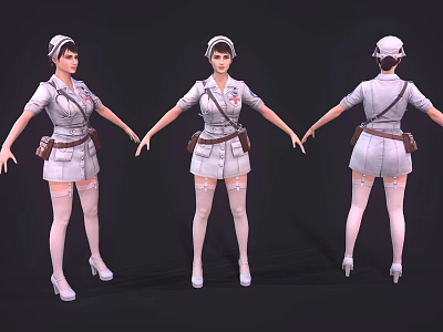 Woman Nurse In Uniform With Cap Bag Stockings And High Heels From Different Angles 3d model