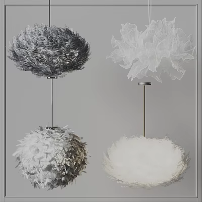 Modern Decorative Chandeliers with Gray Mesh and White Fluffy Spherical Designs 3d model