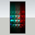 Black Vertical Structure With Colorful Triangles And Circular Shapes Against Blue Sky With Clouds