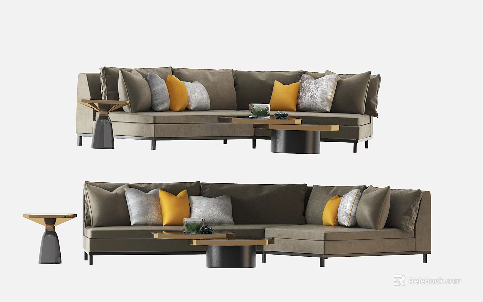 Modern L shaped Sectional Sofa With Yellow Gray Pillows And Coffee Table 3d model