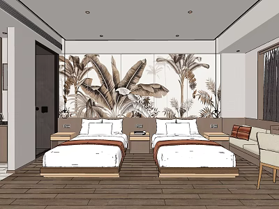 Minimalist Hotel Guest Room With Twin Beds Tropical Plant Mural Wooden Flooring And Sofa 3d model