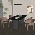 Modern Dining Table Set With Brown Chairs Dark Tabletop Potted Plant Wall Artwork Wooden Floor And Lighting Fixture