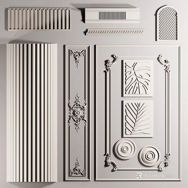 Classical Decorative Components With Fluted Moldings Intricate Carvings Circular Ornaments And Leaf Patterned Frames 3d model