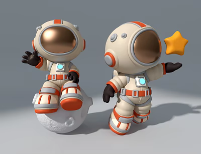 White and Orange Astronaut Decorative Ornament Set with One on Moon and Another Holding Star 3d model