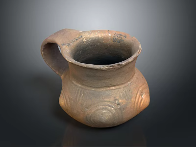 Traditional Hand Carved Clay Vessel With Textured Patterns And Handle 3d model