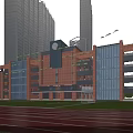 Modern School Building With Red Brick And Glass Walls Clock Tower Playground Red Running Track