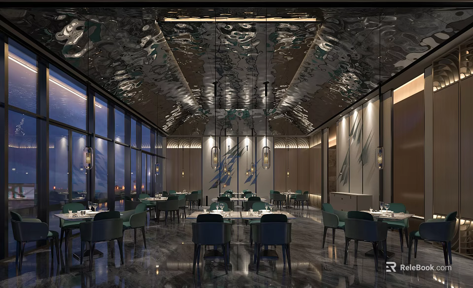 Elegant Modern Restaurant Interior With Dining Tables Chairs And Ceiling Lighting 3d model 