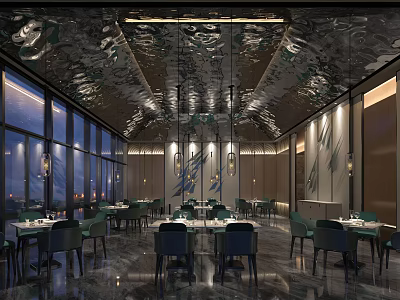 Elegant Modern Restaurant Interior With Dining Tables Chairs And Ceiling Lighting 3d model