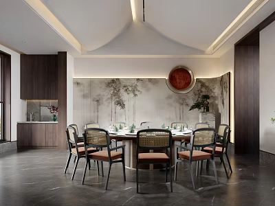 Modern Private Dining Room With Round Table And Decorative Wall 3d model
