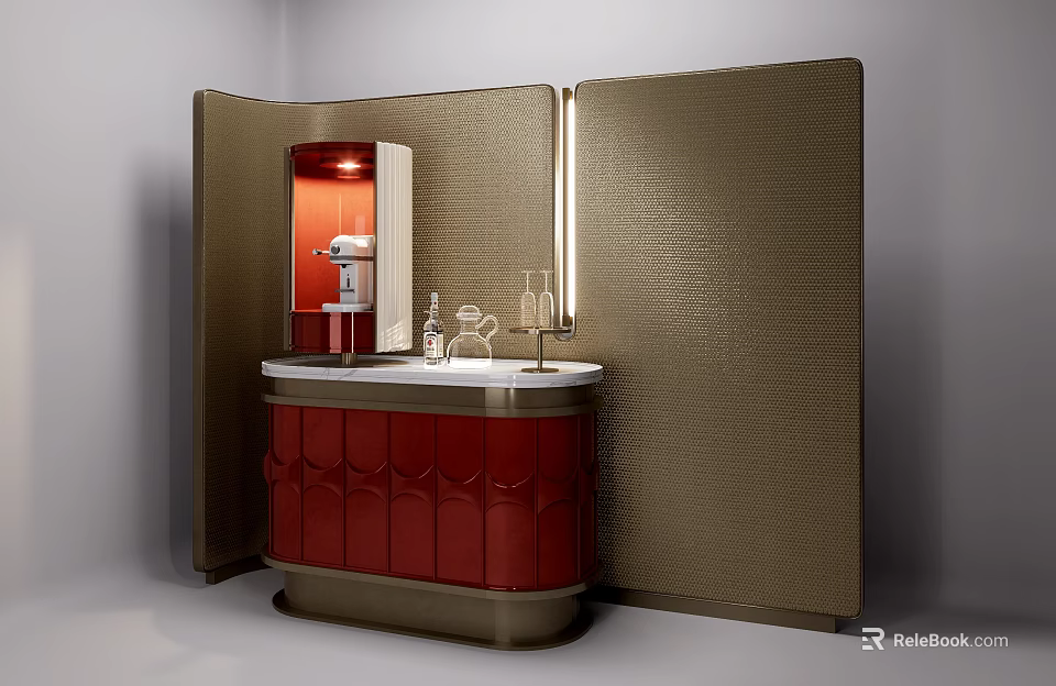 Hotel Guest Room With Red Curved Counter Golden Textured Walls And Minibar Area 3d model 