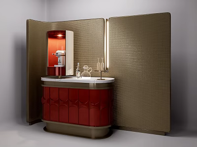 Hotel Guest Room With Red Curved Counter Golden Textured Walls And Minibar Area 3d model