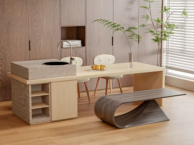 Modern Dining Table Set With Wooden Walls Chairs Plants And Natural Light 3d model