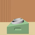 Green Tray With White Bowls On Orange Wall Background With Vertical Stripes
