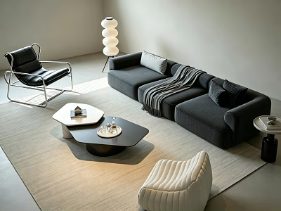 Modern Grey Sofa and Coffee Table Set with Throw Blanket Pillows and Area Rug 3d model