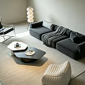 Modern Grey Sofa and Coffee Table Set with Throw Blanket Pillows and Area Rug