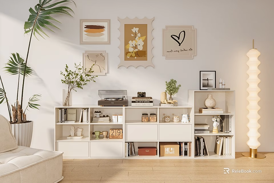 Modern Minimalist Interior With Shelf Holding Books Decor Photo Frames Green Plants And Floor Lamp 3d model 