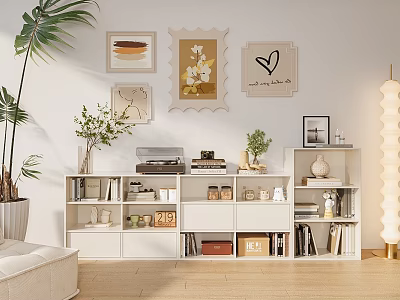 Modern Minimalist Interior With Shelf Holding Books Decor Photo Frames Green Plants And Floor Lamp 3d model