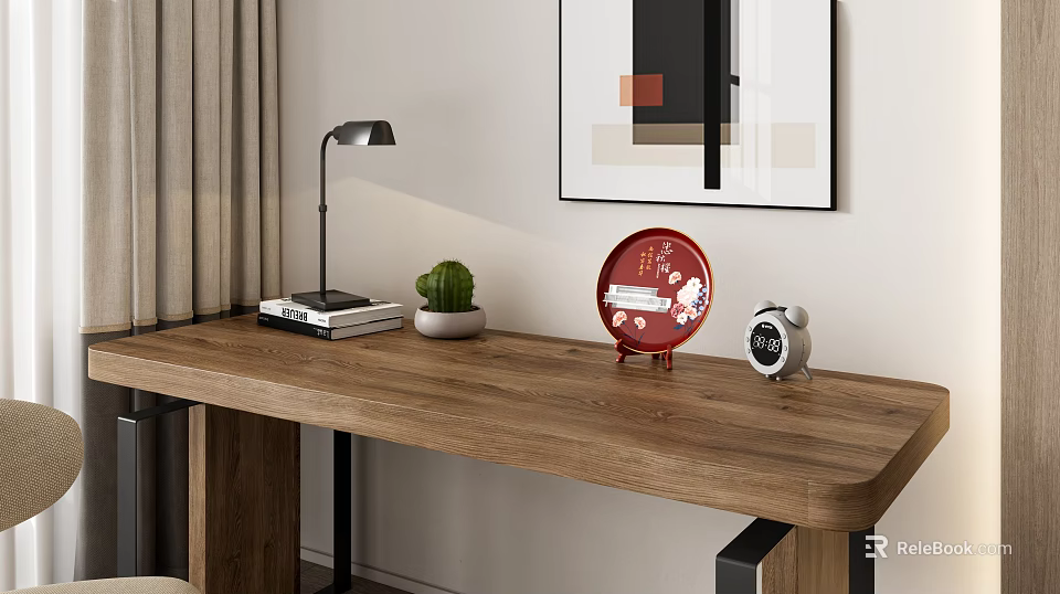 Modern Wooden Desk With Table Lamp Books Potted Plant Red Plate And Alarm Clock 3d model 
