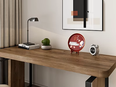 Modern Wooden Desk With Table Lamp Books Potted Plant Red Plate And Alarm Clock 3d model
