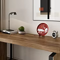 Modern Wooden Desk With Table Lamp Books Potted Plant Red Plate And Alarm Clock