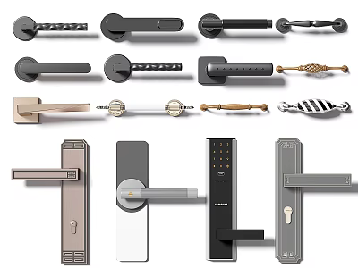 Various Modern and Classic Door Handles with Sleek Metal Designs and Different Finishes 3d model