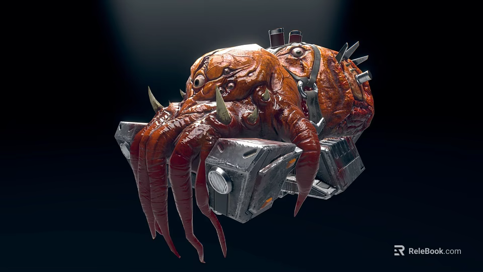 Mechanical Organic Hybrid Creature Character With Red Tentacles Metal Armor Spikes And Bolts 3d model 