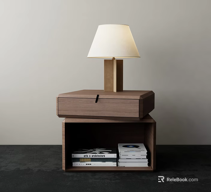 Modern Wooden Bedside Table With Drawer Open Shelf Table Lamp And Books 3d model 