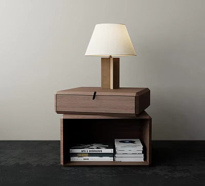 Modern Wooden Bedside Table With Drawer Open Shelf Table Lamp And Books 3d model