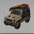 Beige Off Road Vehicle with Orange Kayak Blue Storage and Red Gear on Roof Rack