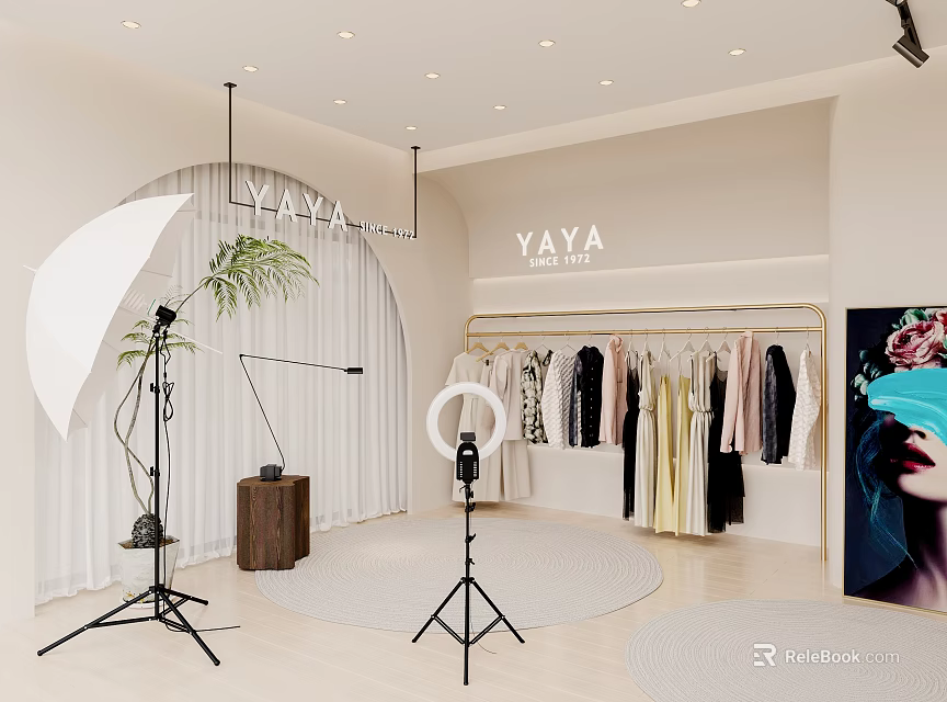 Modern Public Office Space with YAYA Logo Clothes on Hangers Ring Light and Green Plants 3d model 