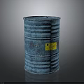 Blue Chemical Waste Barrel With Yellow Label On Dark Background