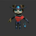 3D Anthropomorphic Cat Character Design With Hat Red Black Outfit And Blue Device