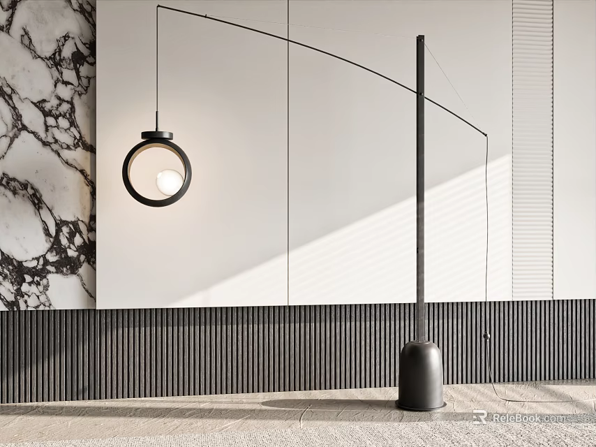 Modern Floor Lamp In Minimalist Interior With Marble Wall And Slats 3d model 