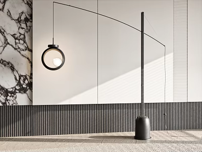 Modern Floor Lamp In Minimalist Interior With Marble Wall And Slats 3d model