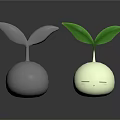 Cute Cartoon Plants Scene With Two Round Figures Different Colors Gray White Green Leaves Closed Eyes