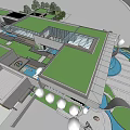Modern Sales Office Building with Streamlined Design Urban Plaza Marble Flooring Greenery and Ambient Lighting