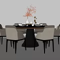 Elegant Round Dining Table Set With Gray Striped Chairs And Red Flower Vase 3d model