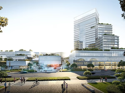 Scenic Modern Office Complex With High-Rise Glass Buildings Green Surroundings And Pedestrian Areas 3d model