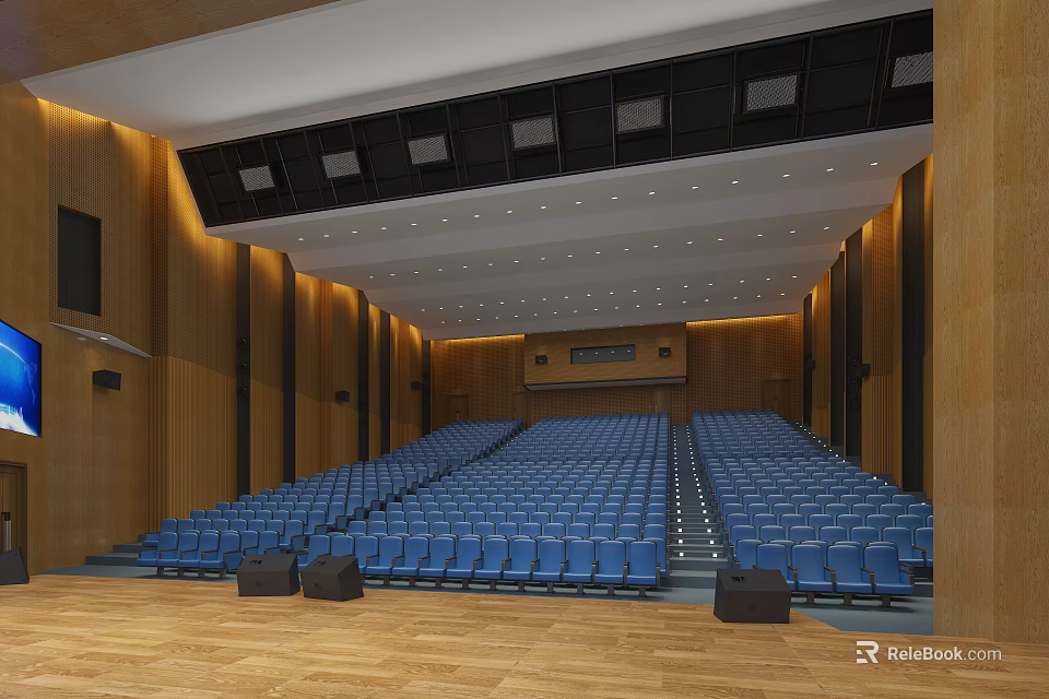 Spacious Auditorium Interior Featuring Blue Seats Wooden Walls Ceiling Lights And Flooring 3d model 