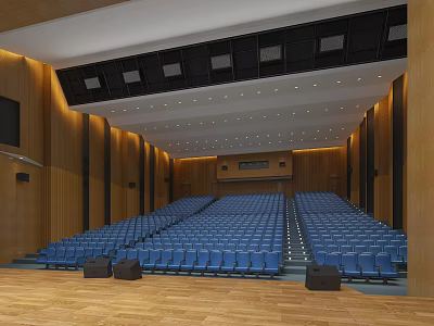 Spacious Auditorium Interior Featuring Blue Seats Wooden Walls Ceiling Lights And Flooring 3d model