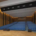 Spacious Auditorium Interior Featuring Blue Seats Wooden Walls Ceiling Lights And Flooring