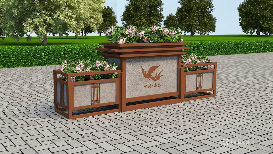 Wooden Roadside Landscaping Facility with Flower Planters Green Space and China Dream Logo 3d model 