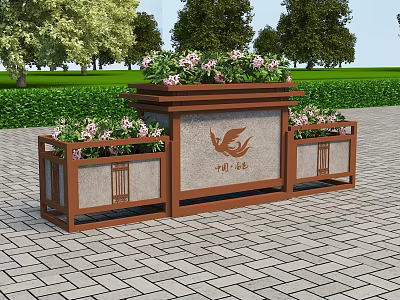 Wooden Roadside Landscaping Facility with Flower Planters Green Space and China Dream Logo 3d model